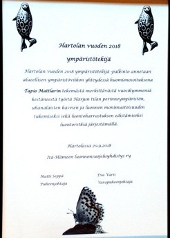Hartolan vuoden 2018 ymp�rist�tekij� -kunniakirja
